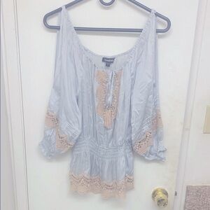 Bebe Blue Smocked Tie Front Blouse with 3/4 Sleeves